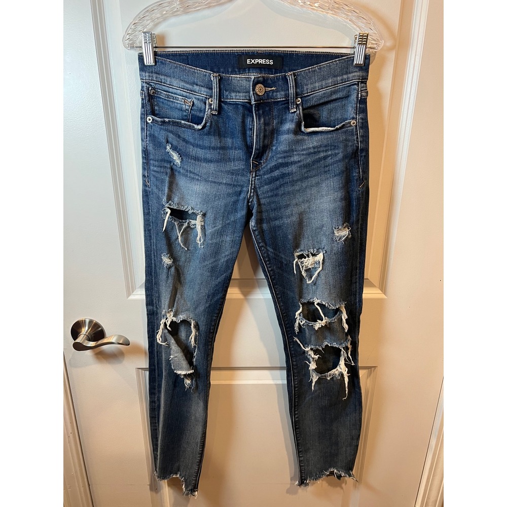 Express Womens Skinny Ankle Jeans Distressed Ripped Blue Size 4L